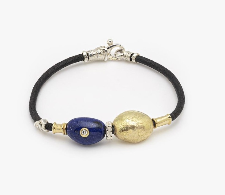 MISANI Lapis Lazuli 18K Black Leather Beaded Bracelet