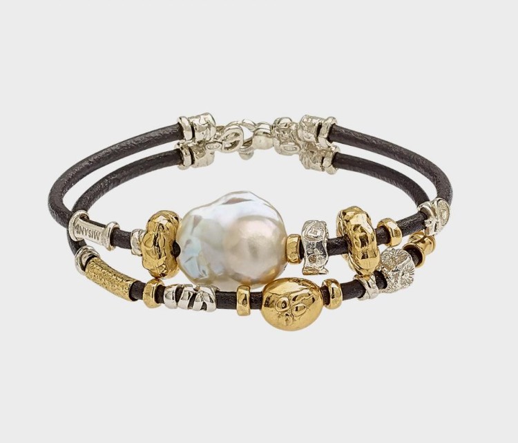 MISANI Pearl 18K Black Leather Bangle Bracelet