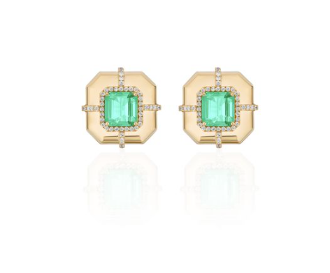 Goshwara G-One Emerald and Diamond in 18K Polished Yellow Gold Post Earrings